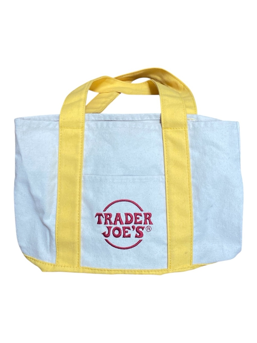 Trader Joes Small Yellow Embroidered Logo Tote Bag Canvas Shopper